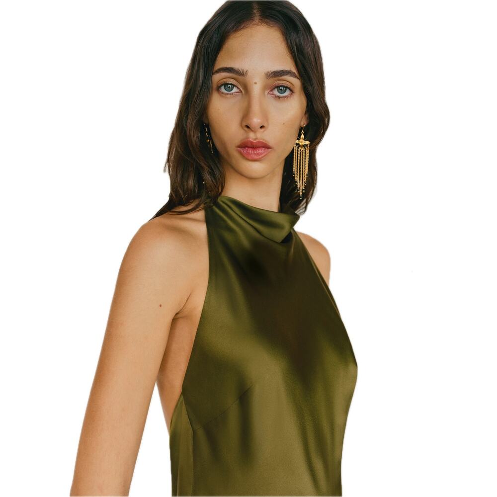Reformation Olive Green Satin Halter Maxi Dress - Picture 7 of 12